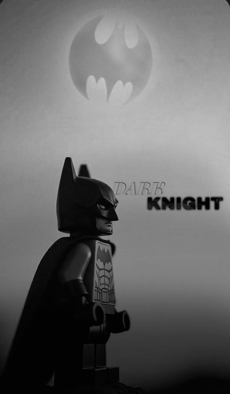 Monochrome personal LEGO Batman concept with a silhouetted minifigure and the bat signal.